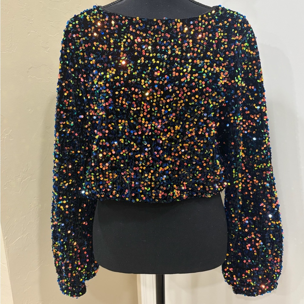 Black Multi Sequin Cropped Long-Sleeve Top